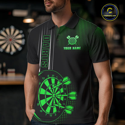 Personalized Black And Green Darts Polo, Quarter Zip Shirt For Men Custom Darts Outfit Team Jersey TDM7783