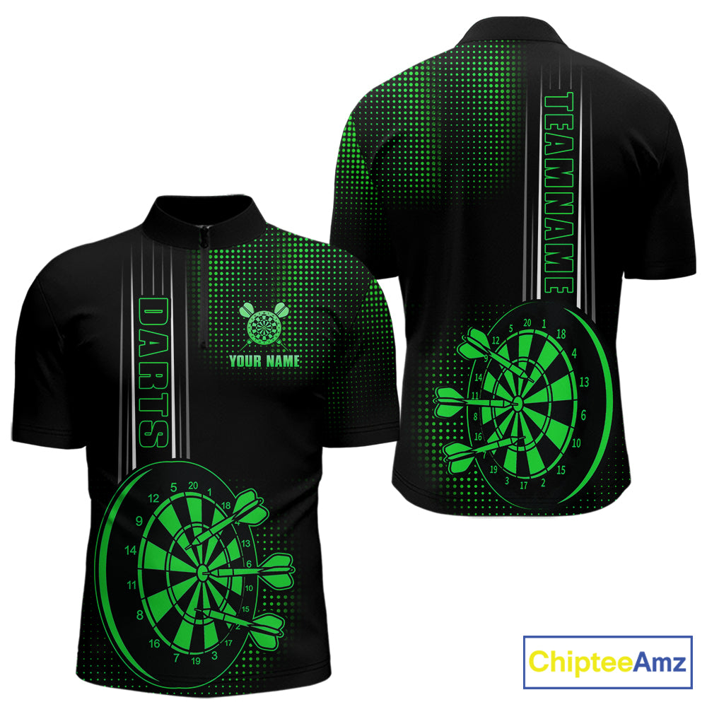 Personalized Black And Green Darts Polo, Quarter Zip Shirt For Men Custom Darts Outfit Team Jersey TDM7783