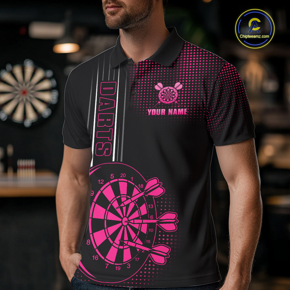 Personalized Pink And Black Darts Polo, Quarter Zip Shirt For Men Custom Darts Outfit Team Jersey TDM7784