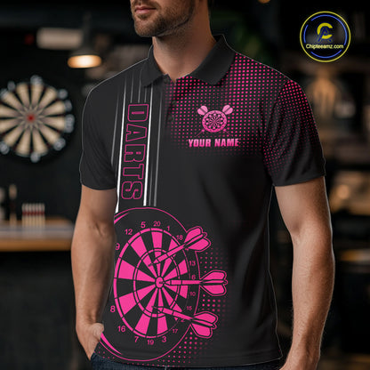 Personalized Pink And Black Darts Polo, Quarter Zip Shirt For Men Custom Darts Outfit Team Jersey TDM7784