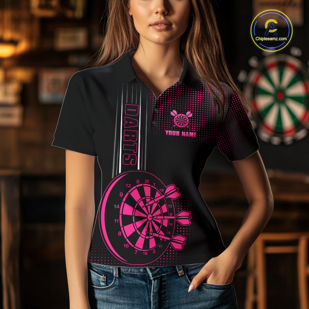 Personalized Pink And Black Darts Polo, Quarter Zip Shirt For Women Custom Darts Outfit Team Jersey TDM7784