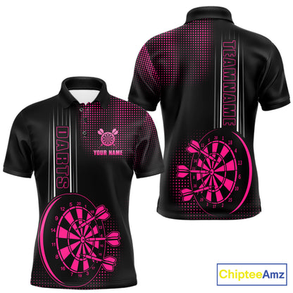 Personalized Pink And Black Darts Polo, Quarter Zip Shirt For Men Custom Darts Outfit Team Jersey TDM7784