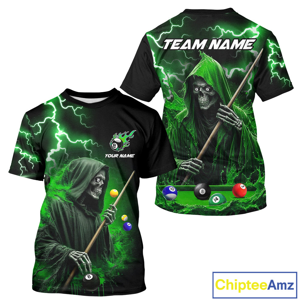 Green Grim Reaper Billiard T-Shirt For Men Custom Thunder Lightning 8 Ball Pool Team Jersey TDM2920