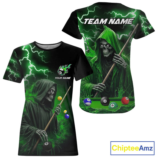Green Grim Reaper Billiard T-Shirt For Women Custom Thunder Lightning 8 Ball Pool Team Jersey TDM2920