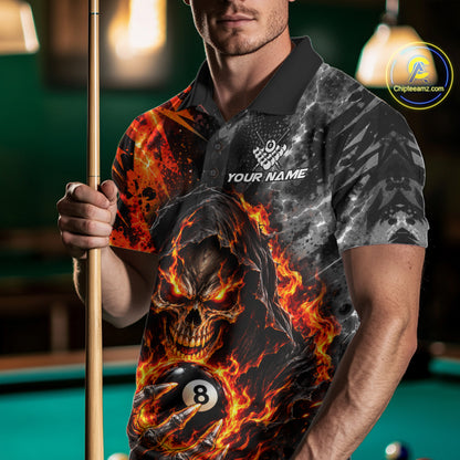 Flame And Lightning 8 Ball Grim Reaper Billiard Shirts For Men Custom Skull Pool Team Jersey TDM8121