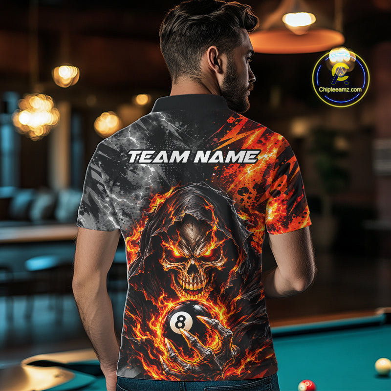 Flame And Lightning 8 Ball Grim Reaper Billiard Shirts For Men Custom Skull Pool Team Jersey TDM8121