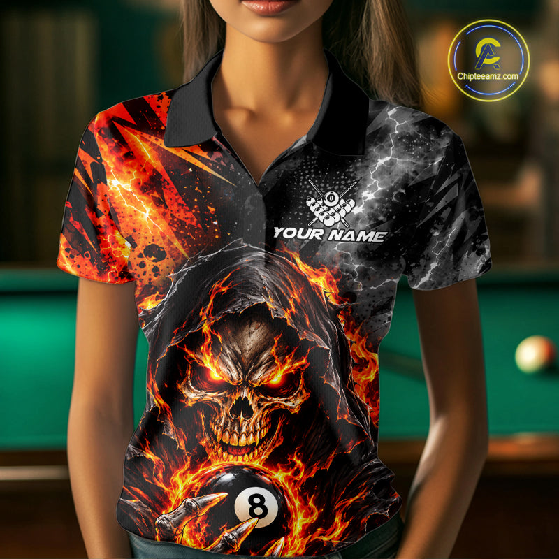 Flame And Lightning 8 Ball Grim Reaper Billiard Shirts For Women Custom Skull Pool Team Jersey TDM8121