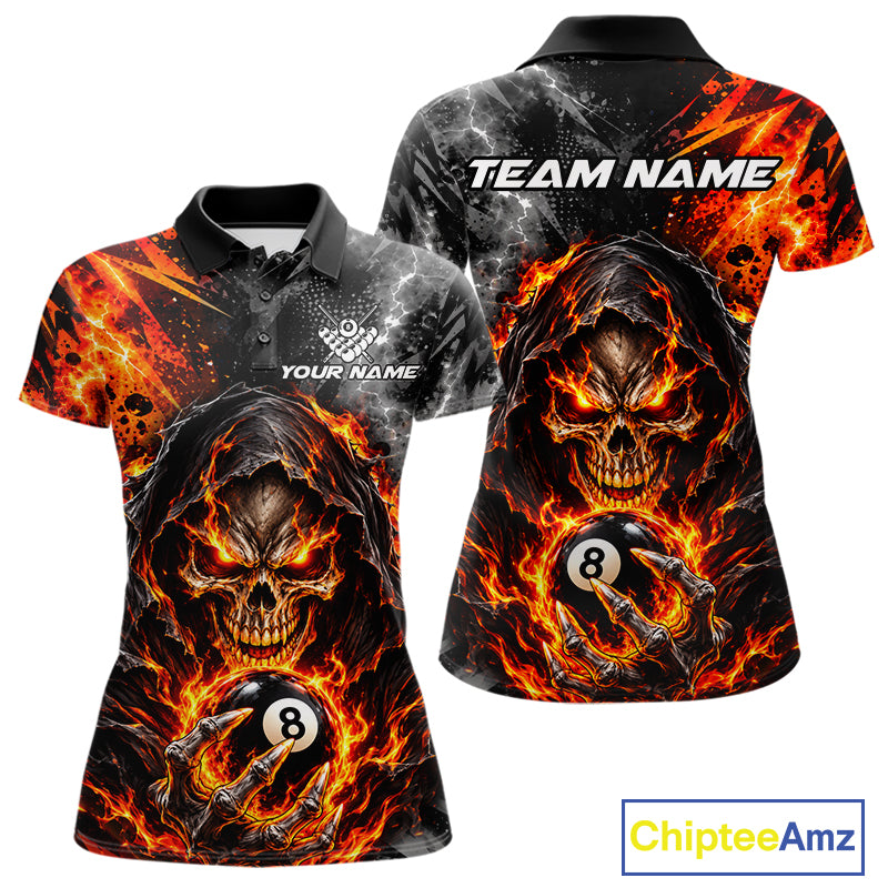 Flame And Lightning 8 Ball Grim Reaper Billiard Shirts For Women Custom Skull Pool Team Jersey TDM8121