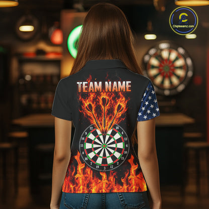 Personalized Flame American Flag Darts Shirts For Women Custom Patriotic Darts League Team Jersey TDM8122