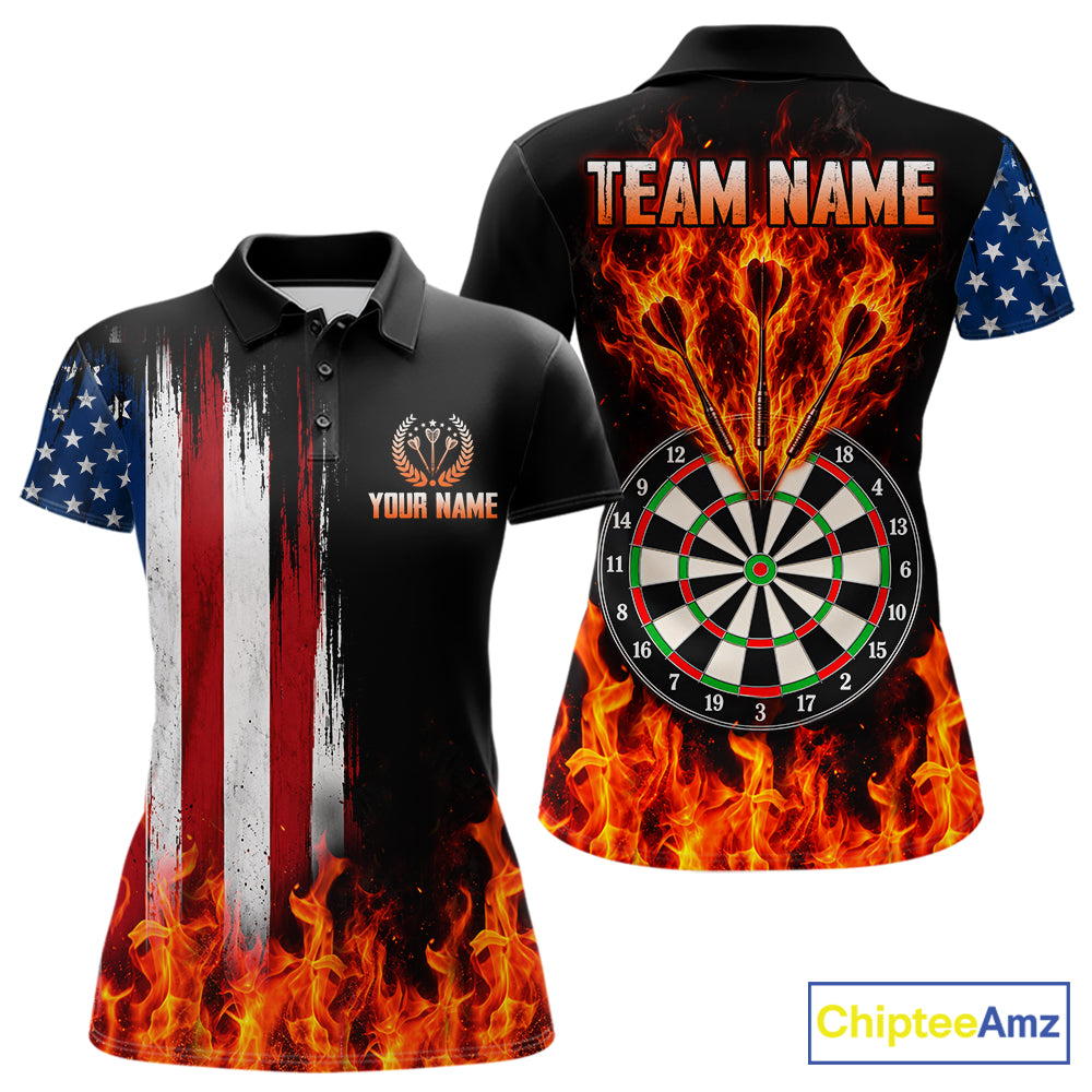 Personalized Flame American Flag Darts Shirts For Women Custom Patriotic Darts League Team Jersey TDM8122