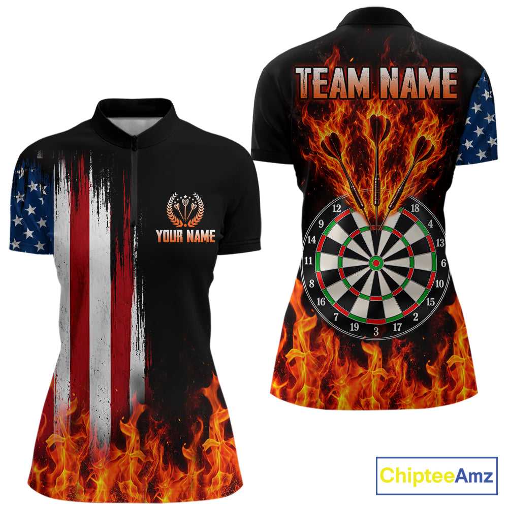 Personalized Flame American Flag Darts Shirts For Women Custom Patriotic Darts League Team Jersey TDM8122