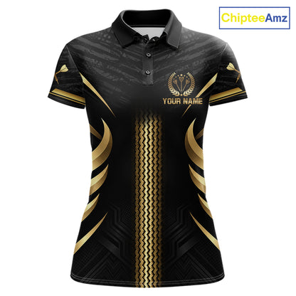 Black And Gold Dartboard Crown Darts Shirts For Women Custom Darts League Team Jersey Polo, 1/4 Zip TDM8124