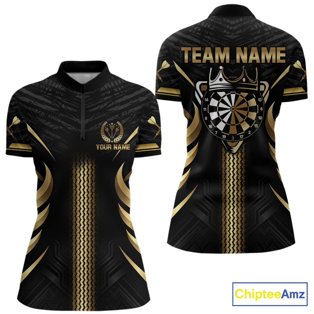 Black And Gold Dartboard Crown Darts Shirts For Women Custom Darts League Team Jersey Polo, 1/4 Zip TDM8124
