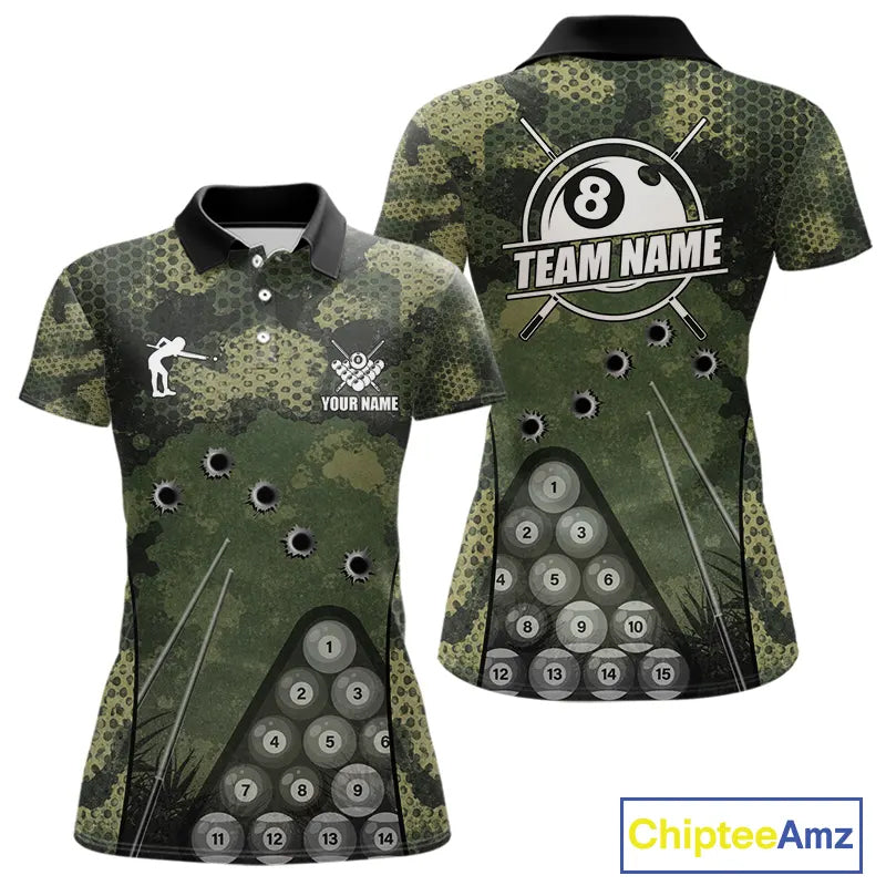 Green Camo 8 Ball Billiard Shirt For Women Custom Pool Team Shirt, Billiard Jersey Polo & 1/4 Zip TDM5655