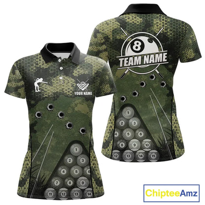 Green Camo 8 Ball Billiard Shirt For Women Custom Pool Team Shirt, Billiard Jersey Polo & 1/4 Zip TDM5655