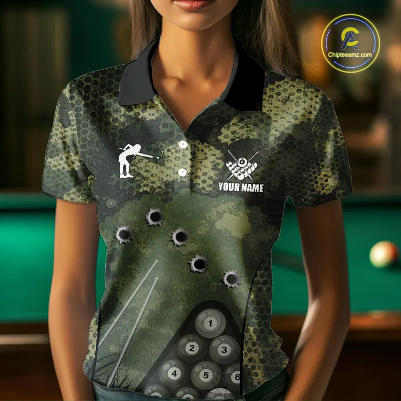 Green Camo 8 Ball Billiard Shirt For Women Custom Pool Team Shirt, Billiard Jersey Polo & 1/4 Zip TDM5655
