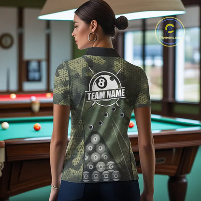 Green Camo 8 Ball Billiard Shirt For Women Custom Pool Team Shirt, Billiard Jersey Polo & 1/4 Zip TDM5655