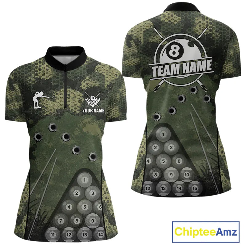 Green Camo 8 Ball Billiard Shirt For Women Custom Pool Team Shirt, Billiard Jersey Polo & 1/4 Zip TDM5655