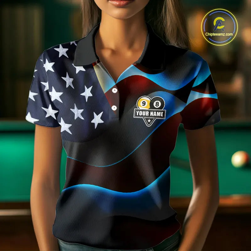 Personalized American Flag 8 Ball & 9 Ball Billiard Shirt For Women, Patriotic Pool Team Jersey TDM5657
