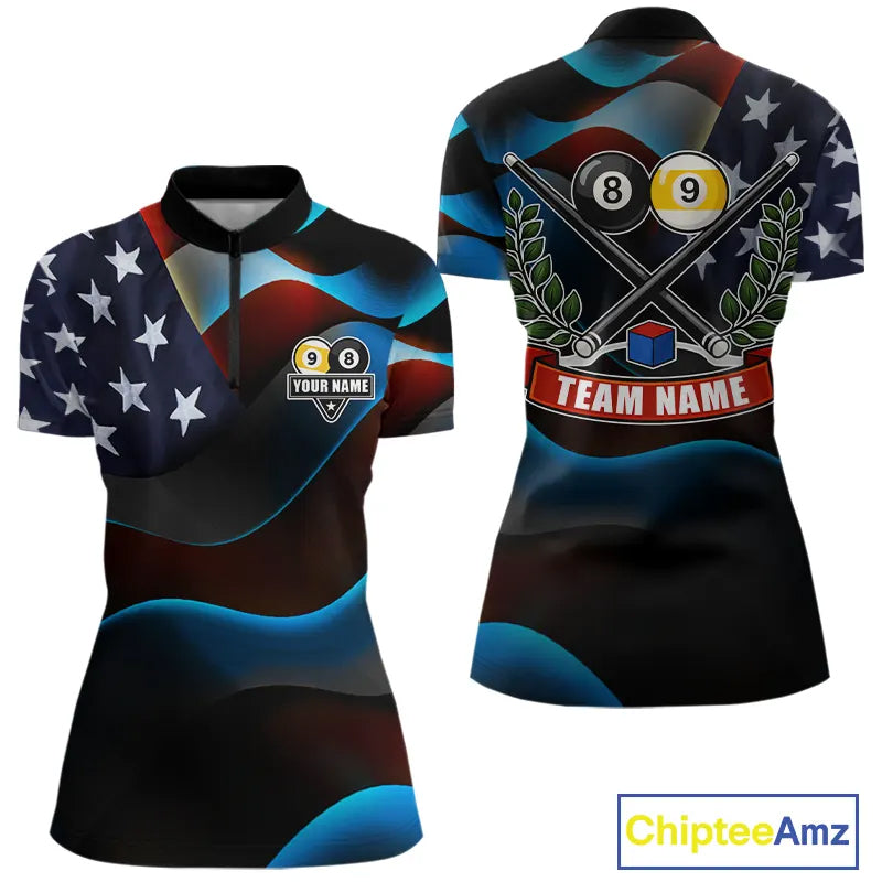 Personalized American Flag 8 Ball & 9 Ball Billiard Shirt For Women, Patriotic Pool Team Jersey TDM5657