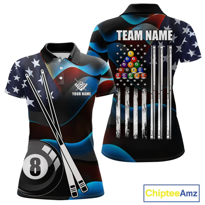 Glowing American Flag 8 Ball Pool Billiard Shirt For Women Custom Patriotic Billiard Team Jersey TDM5658