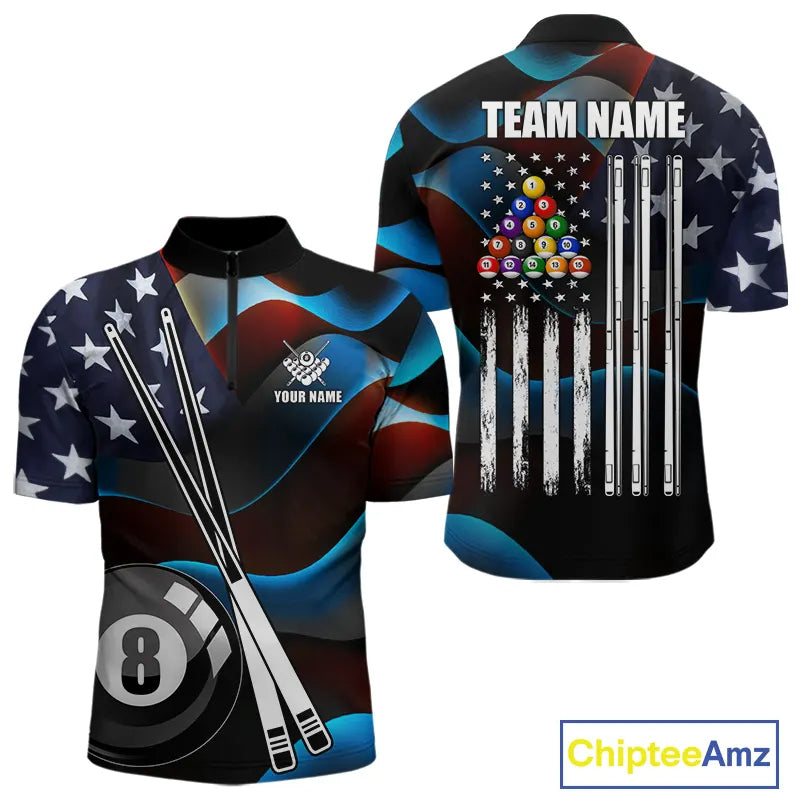 Glowing American Flag 8 Ball Pool Billiard Shirt For Men Custom Patriotic Billiard Team Jersey TDM5658
