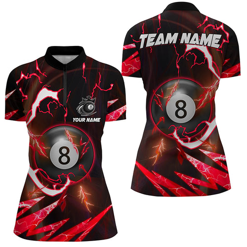 Customized Red 8 Ball Pool Thunder Lighting Women Quarter-Zip Shirts, 8 Ball Billiard Shirts TDM1054