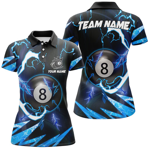 Personalized Blue 8 Ball Pool Thunder Lighting Polo Shirts For Women Custom Billiard Team Shirts TDM1055
