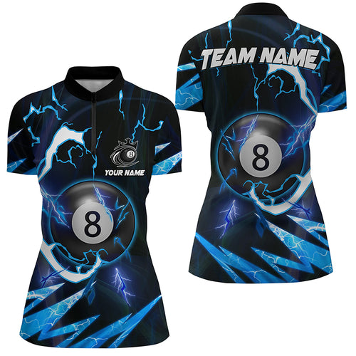 Customized Blue 8 Ball Pool Thunder Lighting Women Quarter-Zip Shirt, 8 Ball Billiard Shirts TDM1055