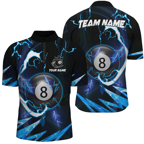 Customized Blue 8 Ball Pool Thunder Lighting Men Quarter-Zip Shirt, 8 Ball Billiard Shirts TDM1055