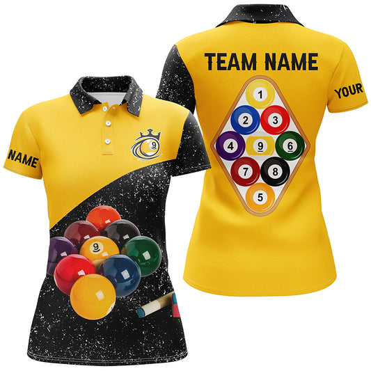 Personalized 9 Ball Pool Black Grunge Women Billiards Polo Shirts, 3D Billiard Balls Jerseys Shirts TDM1062