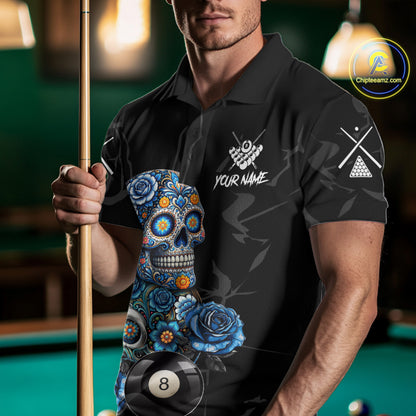 Personalized Blue 8 Ball Sugar Skull Billiard Shirt For Men, Pool Team Jersey Polo & 1/4 Zip TDM6261