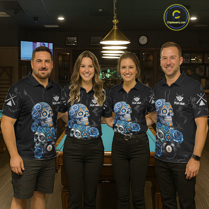 Personalized Blue 8 Ball Sugar Skull Billiard Shirt For Women, Pool Team Jersey Polo & 1/4 Zip TDM6261