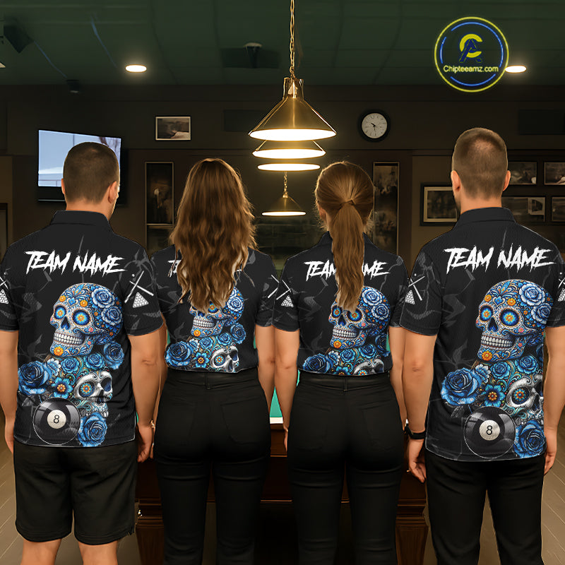 Personalized Blue 8 Ball Sugar Skull Billiard Shirt For Women, Pool Team Jersey Polo & 1/4 Zip TDM6261