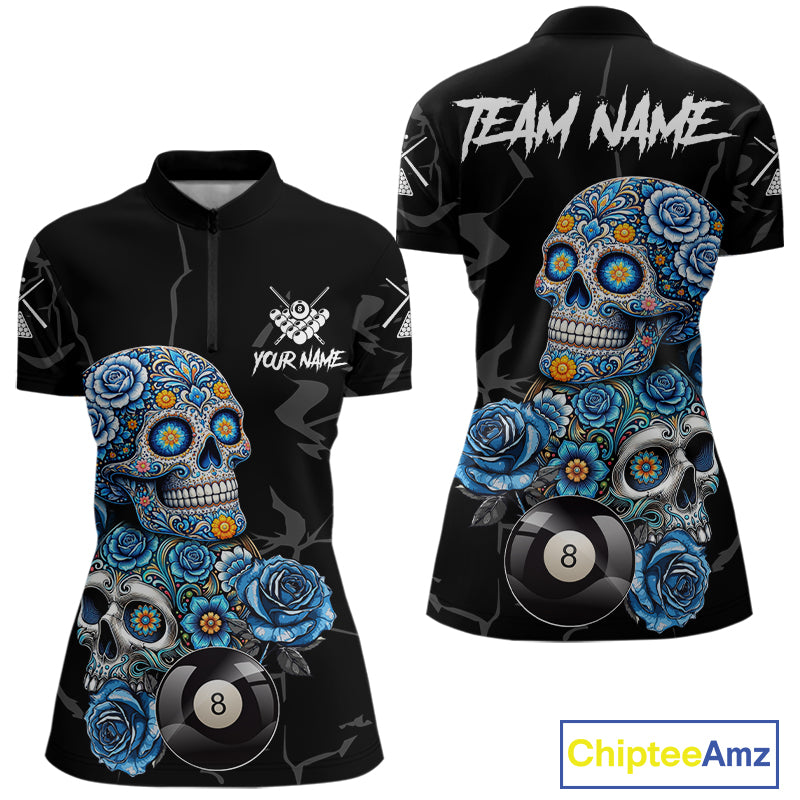 Personalized Blue 8 Ball Sugar Skull Billiard Shirt For Women, Pool Team Jersey Polo & 1/4 Zip TDM6261