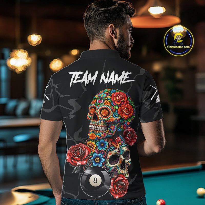 Custom Colorful Sugar Skull Billiard Shirt For Men, 8 Ball Pool Team Jersey Polo & 1/4 Zip TDM6262