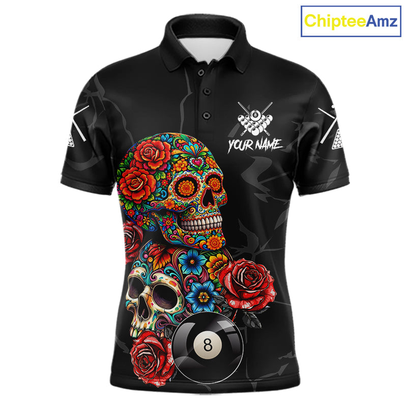 Custom Colorful Sugar Skull Billiard Shirt For Men, 8 Ball Pool Team Jersey Polo & 1/4 Zip TDM6262