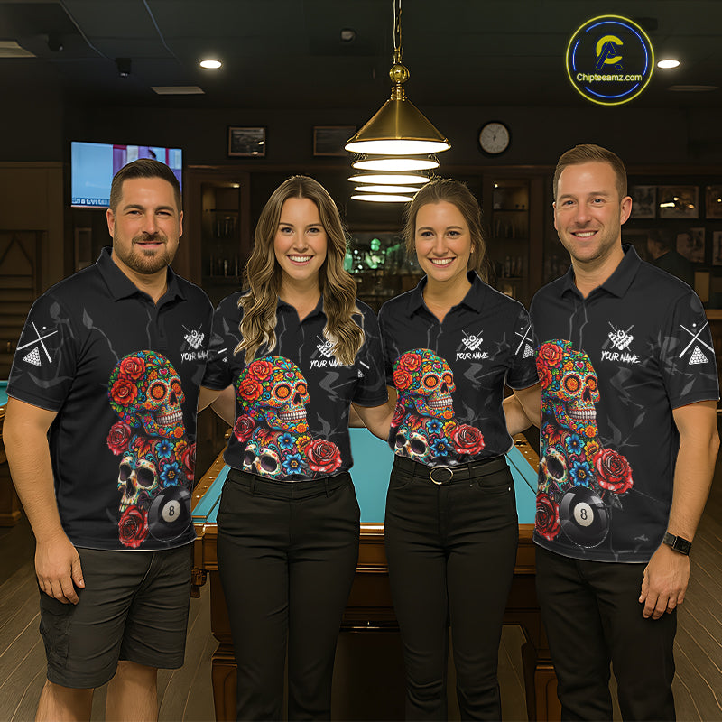 Custom Colorful Sugar Skull Billiard Shirt For Women, 8 Ball Pool Team Jersey Polo & 1/4 Zip TDM6262