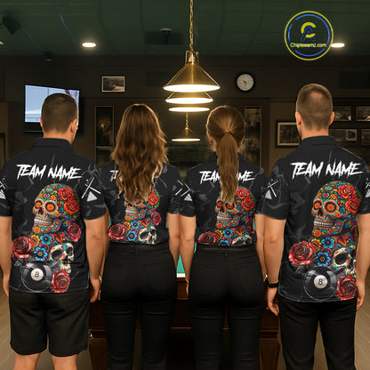 Custom Colorful Sugar Skull Billiard Shirt For Women, 8 Ball Pool Team Jersey Polo & 1/4 Zip TDM6262