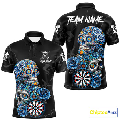 Personalized Blue Sugar Skull Darts Shirt For Men Custom Darts Jersey Team Polo & Quarter Zip TDM6263