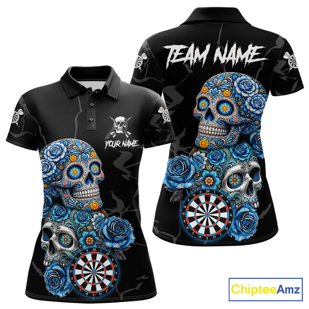 Personalized Blue Sugar Skull Darts Shirt For Women Custom Darts Jersey Team Polo & Quarter Zip TDM6263