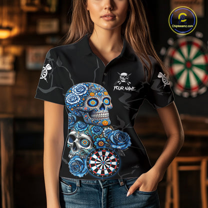 Personalized Blue Sugar Skull Darts Shirt For Women Custom Darts Jersey Team Polo & Quarter Zip TDM6263