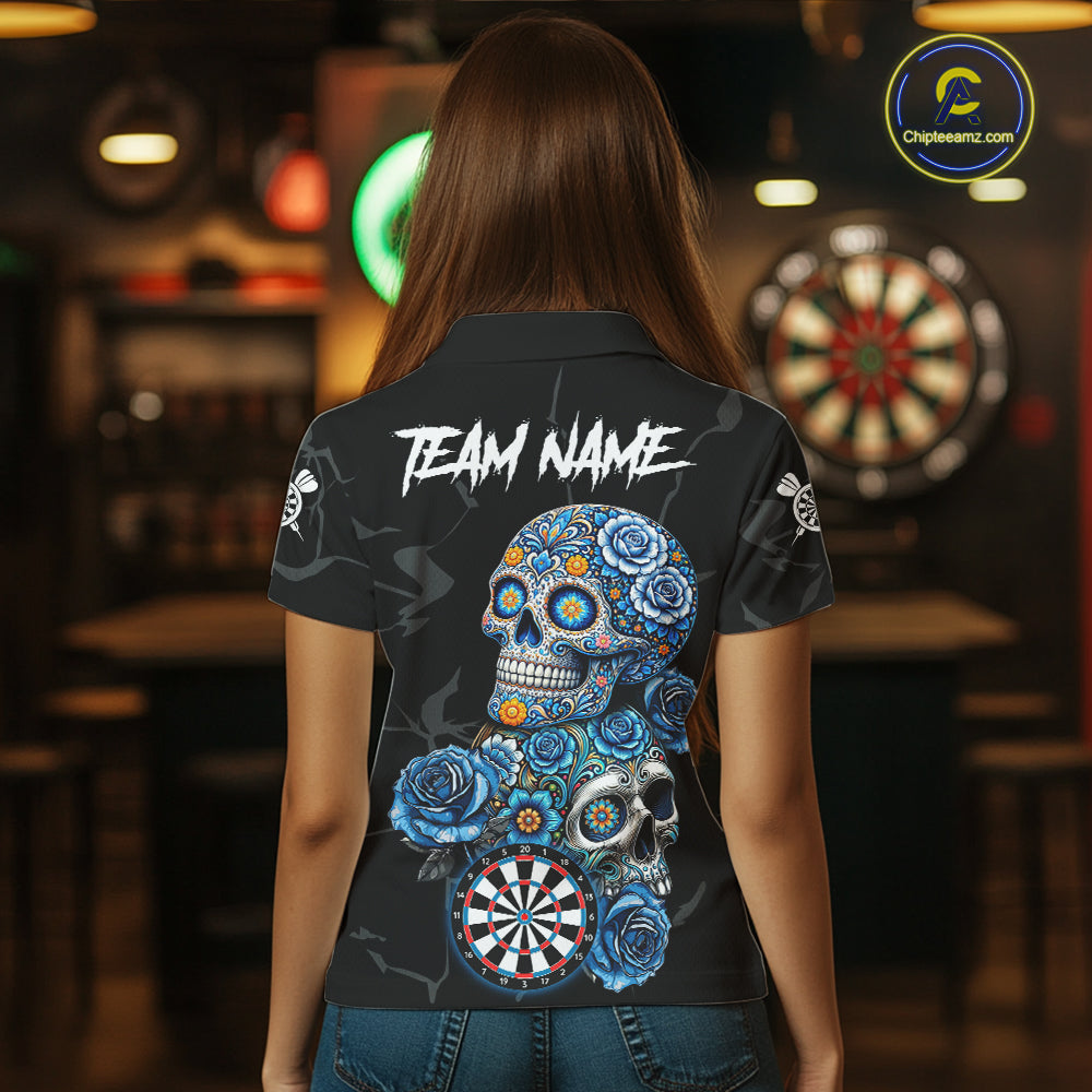 Personalized Blue Sugar Skull Darts Shirt For Women Custom Darts Jersey Team Polo & Quarter Zip TDM6263