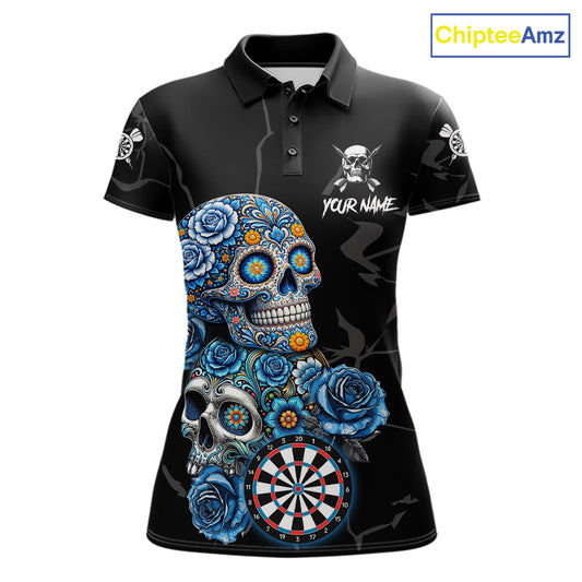 Personalized Blue Sugar Skull Darts Shirt For Women Custom Darts Jersey Team Polo & Quarter Zip TDM6263