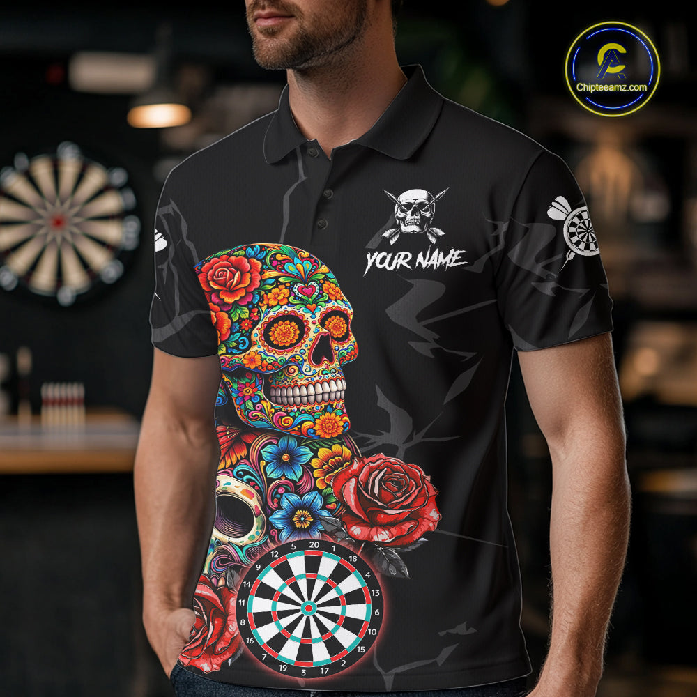Personalized Colorful Sugar Skull Darts Shirt For Men Custom Darts Jersey Team Polo & Quarter Zip TDM6264