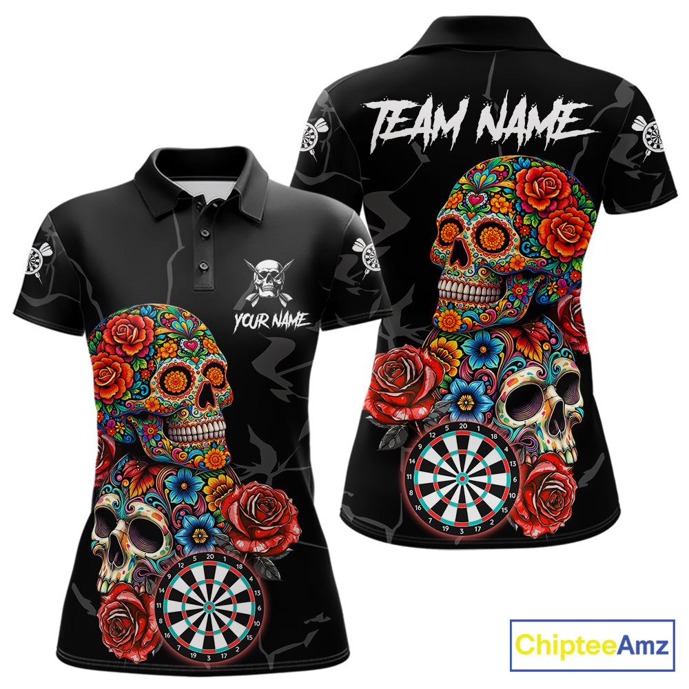 Personalized Colorful Sugar Skull Darts Shirt For Women Custom Darts Jersey Team Polo & Quarter Zip TDM6264
