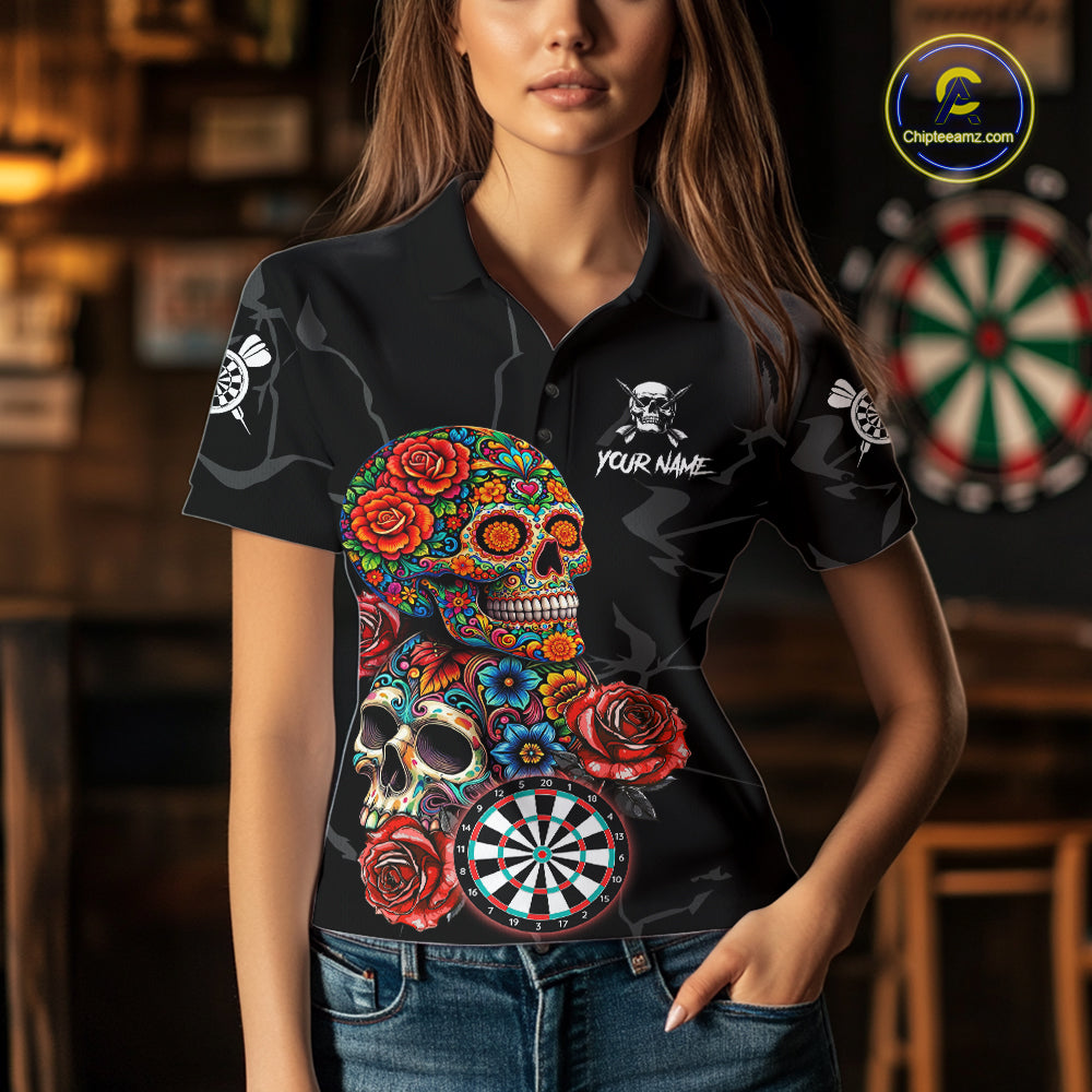 Personalized Colorful Sugar Skull Darts Shirt For Women Custom Darts Jersey Team Polo & Quarter Zip TDM6264