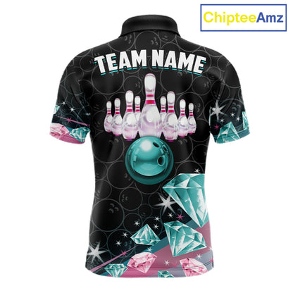 Custom Pink Turquoise Diamonds Bowling Shirt For Men, Glowing Bowling Team Jersey Polo & 1/4 Zip TDM6270