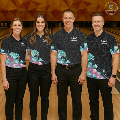 Custom Pink Turquoise Diamonds Bowling Shirt For Men, Glowing Bowling Team Jersey Polo & 1/4 Zip TDM6270