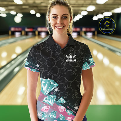 Custom Pink Turquoise Diamonds Bowling Shirt For Women, Glowing Bowling Team Jersey Polo & 1/4 Zip TDM6270